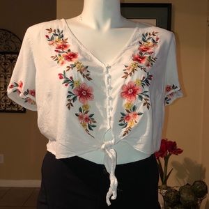 2X Crop Top Button Down Embroidered Blouse Top